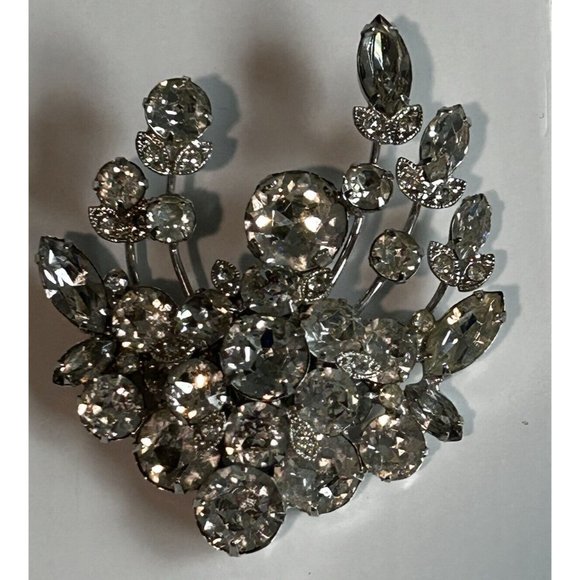 Vintage Eisenberg Crystal Prong Rhinestone Floral Wreath Brooch Pin Rhodium - Picture 7 of 13